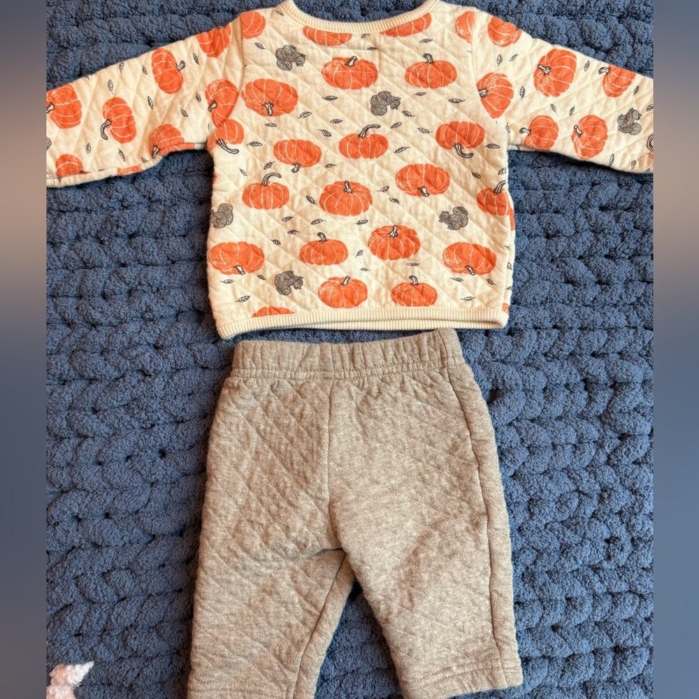 Pumpkin Print Sweater and Tan Pants Set